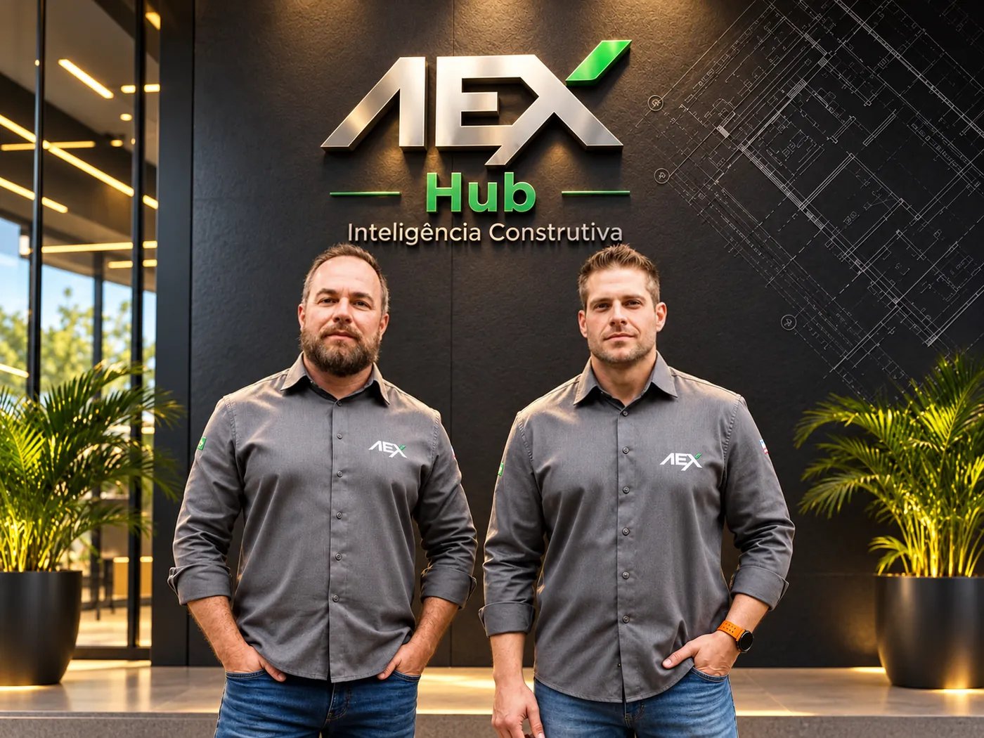 Marcelo e Mirko, sócios da AEX, em frente à fachada AEX Hub